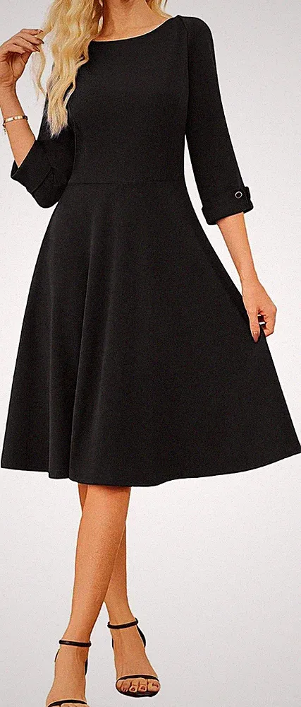 Damen Swing Kleid 3/4 Ärmel U-Boot-Ausschnitt A-Linie Midikleid festlich Schwarz