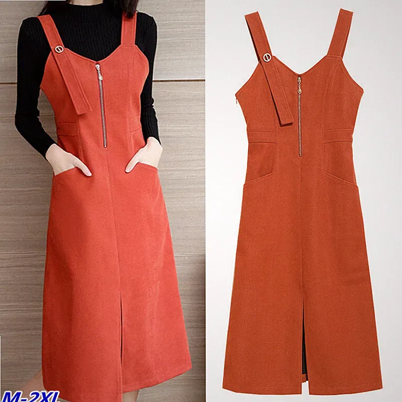 Damen Tank-Kleid Ärmellos V-Ausschnitt Slim Fit Zip Mit Taschen Freizeit Party