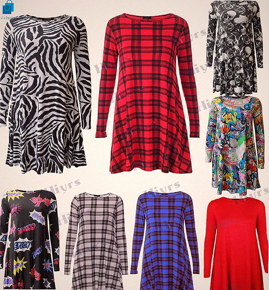 Damen Tartan Longsleeve Swing Kleid Zebramuster A-Linie Skater Rock 8-26