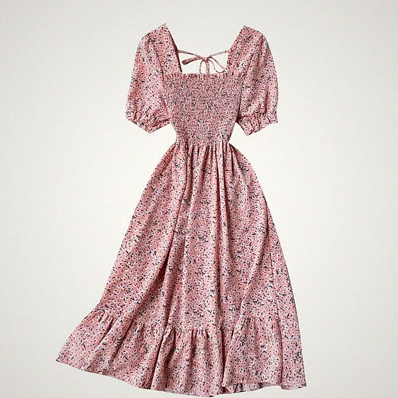 Damen Tee Midi Kleid Blumenmuster Rüschen A Line Chiffon Eckiger Ausschnitt Kurz