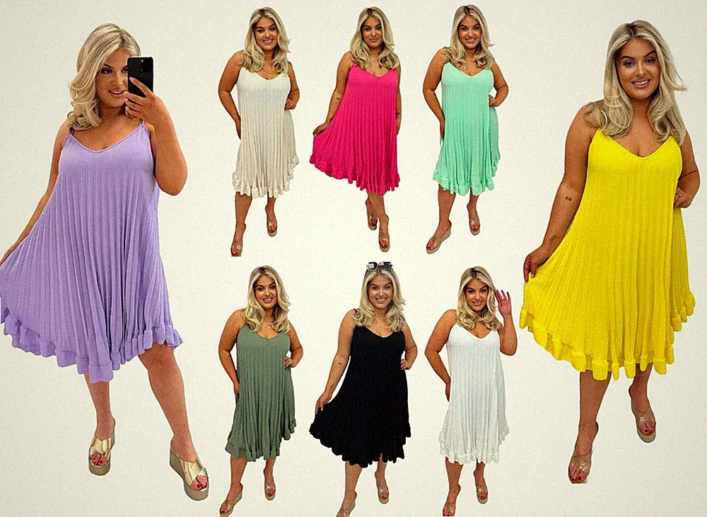 Damen Top Plissee Rüschensaum Träger Cami Sommer V-Ausschnitt Oversize Swing Kleid