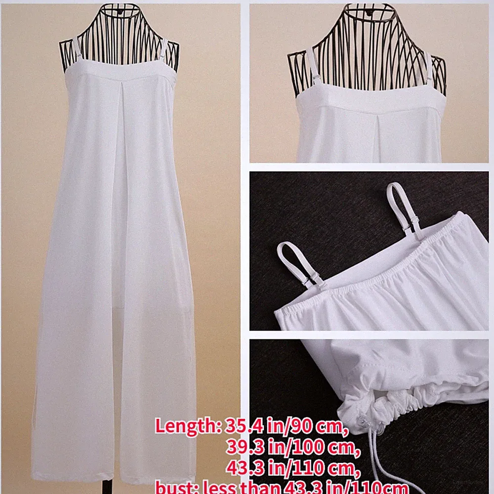 Damen Träger Slip Kleid Langer Unterrock Unterkleid Hanfu Kordelzug Retro Weiß