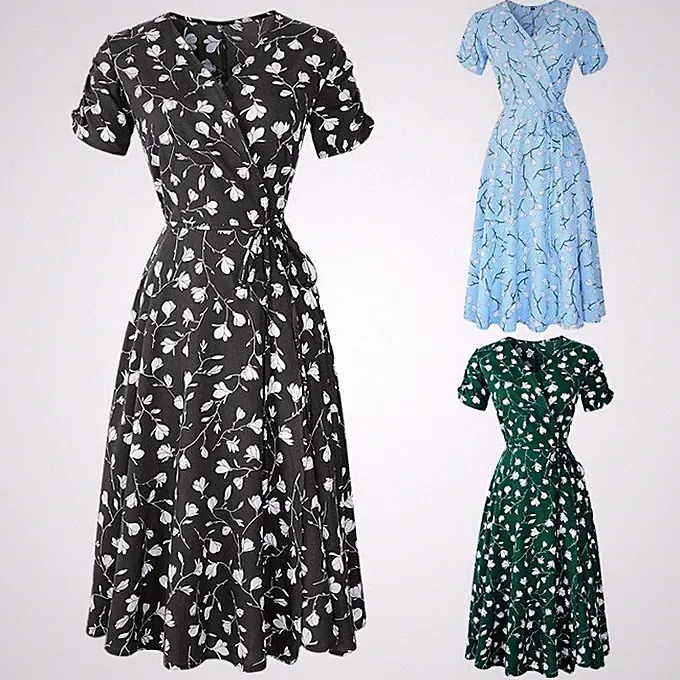 Damen V-Ausschnitt A-Linien-Kleid mit Blumendruck Casual Sommerkleid mit Gürtel