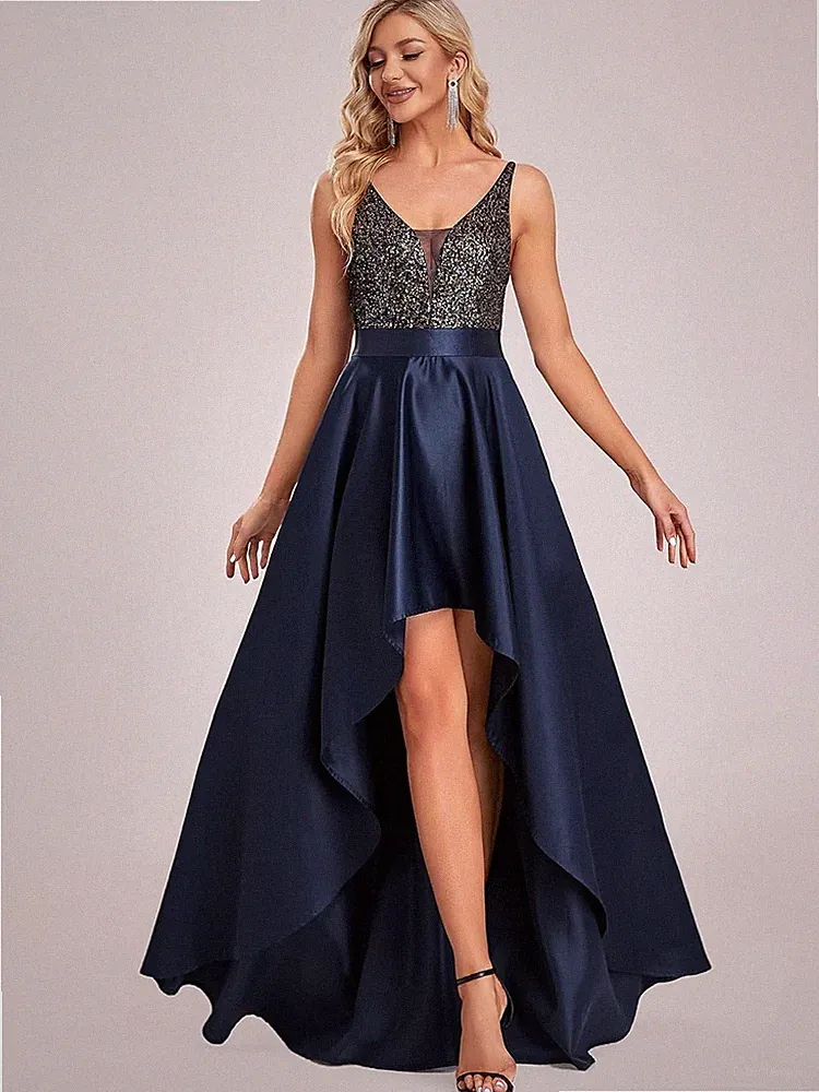 Damen V-Ausschnitt Ärmellos High Low Hohe Taille Abendkleider mit Pailletten