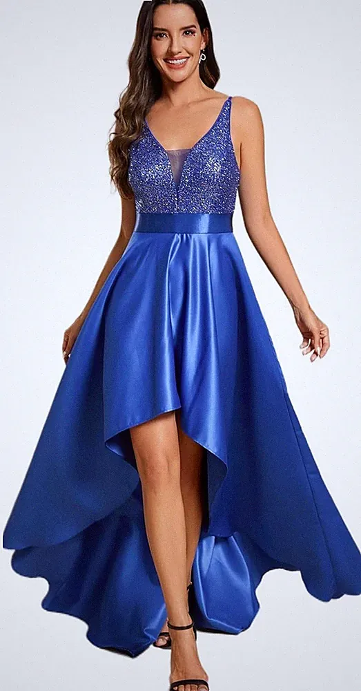 Damen V-Ausschnitt Ärmellos High Low Hohe Taille Abendkleider mit Pailletten