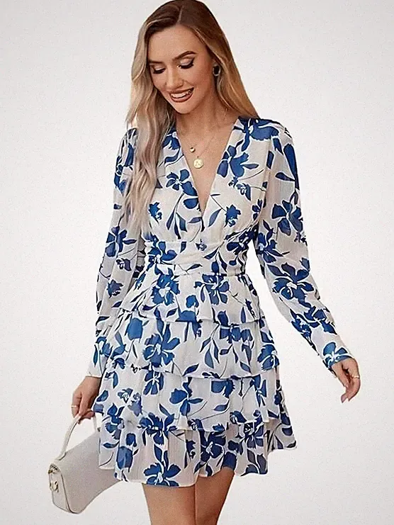 Damen V-Ausschnitt Blumenmuster Rüschen Langarm A-Linie Minikleid Elegant Casua