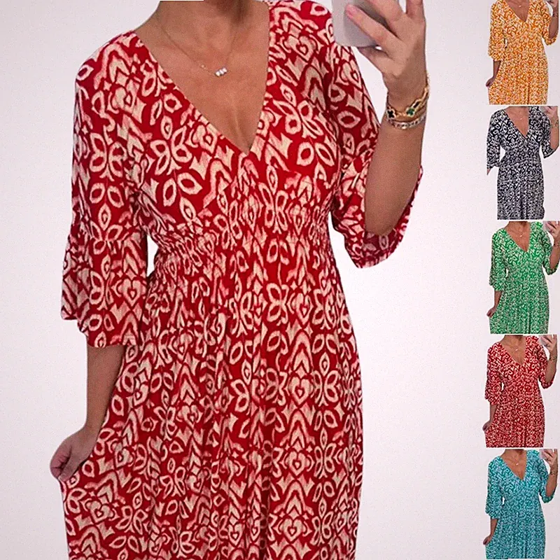 Damen V-Ausschnitt Floral Langes Kleid Urlaub Sommer Strandkleider locker