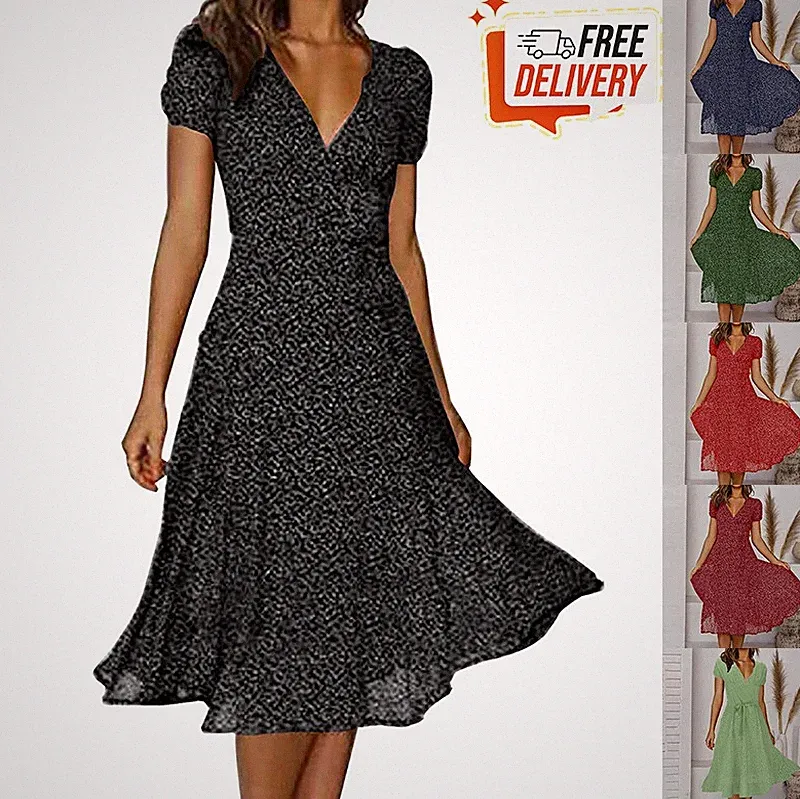 Damen V-Ausschnitt Kurzärmliges Kleid Floral Bedrucktes Kleid Sexy S-3XL