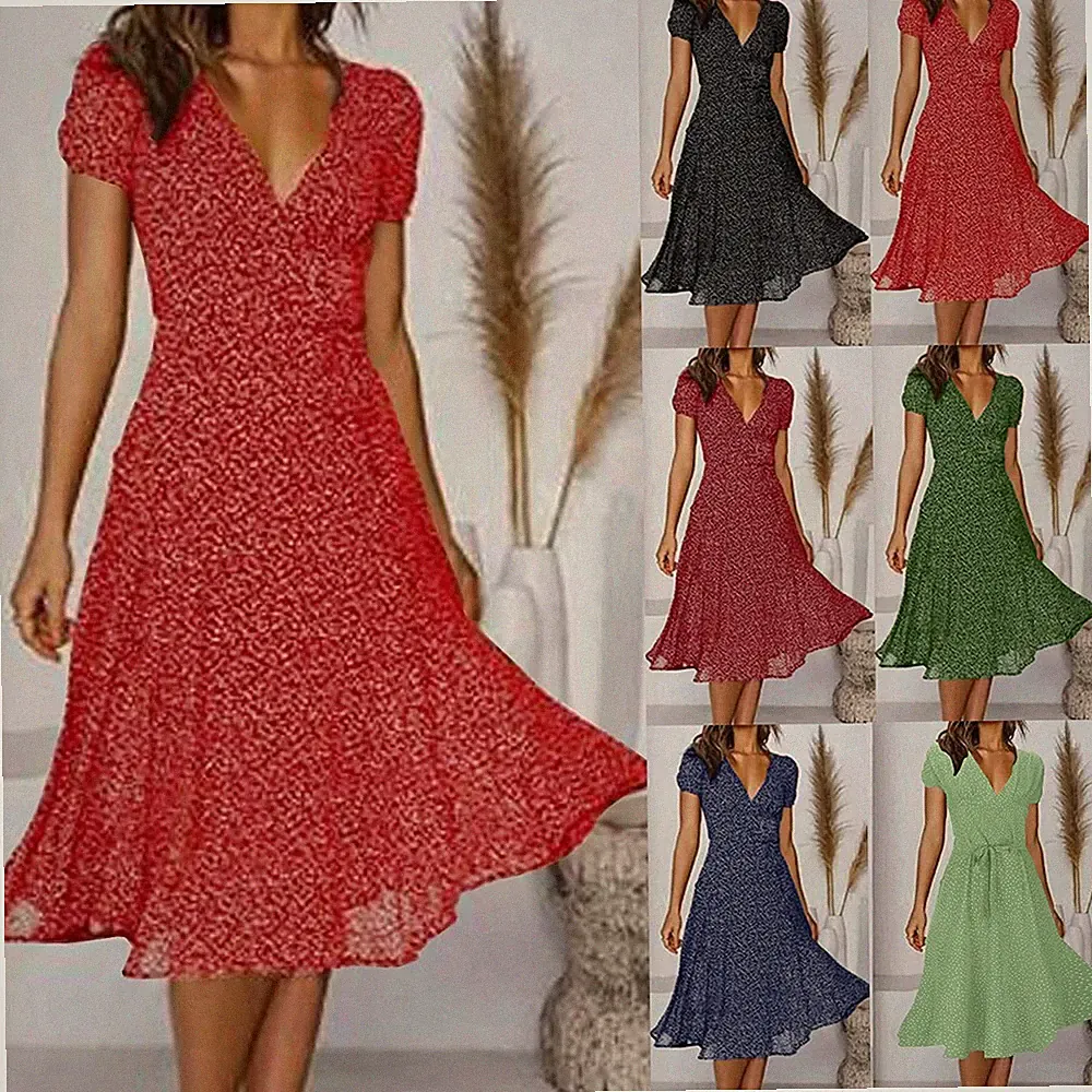 Damen V-Ausschnitt Kurzärmliges Kleid Sexy Floral Bedrucktes Kleid Freizeit