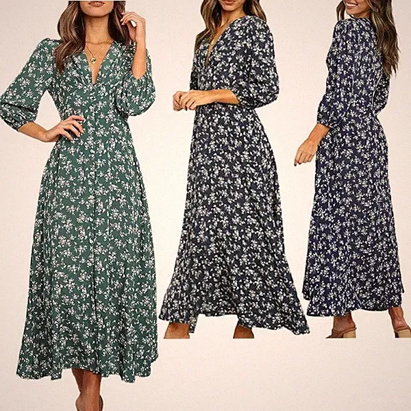 Damen V-Ausschnitt Langes A-line Kleid Blumen Druck Boho Hohe Taille Maxikleid
