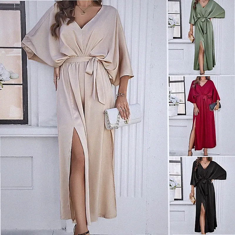 Damen V-Ausschnitt Midi-Kleid Fledermausärmel Doppelter Beinschlitz Bindegürtel