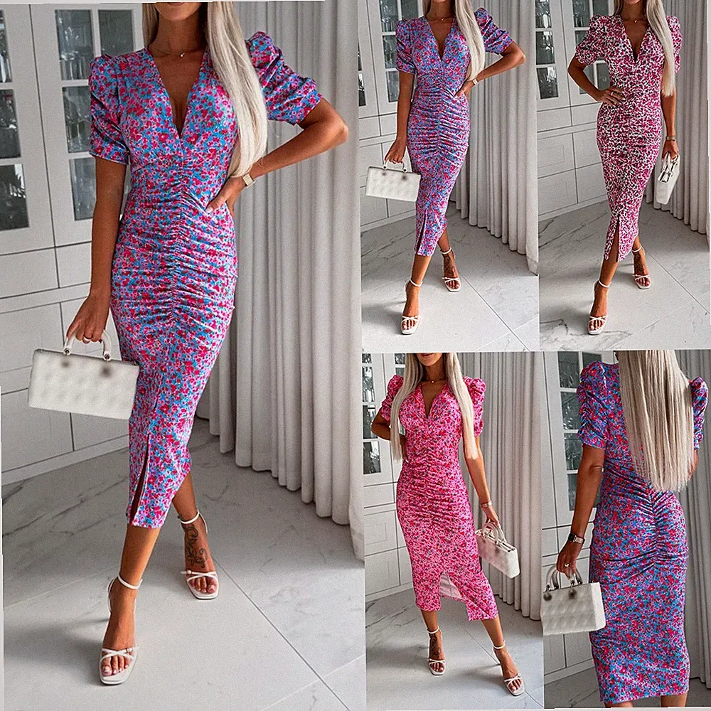 Damen V-Neck Blumen Partykleid Sommerkleid Elegant Bodycon Midikleid Etuikleid