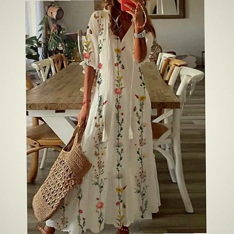 Damen V-neck Boho Maxikleid Lockere Sommerkleid Blumen Langkleid Tunikakleid