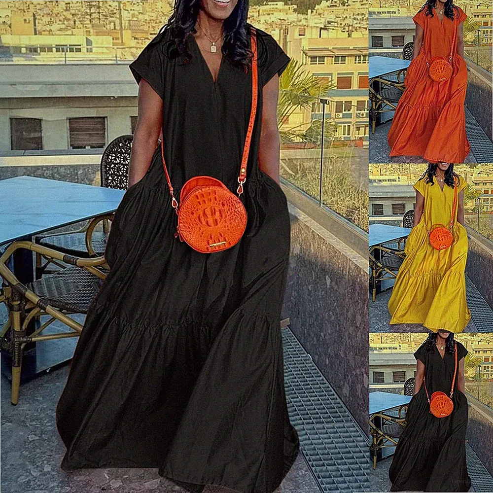 Damen V-Neck Kurzarm Sommerkleid Maxikleid A-Linie Freizeitkleid Urlaubkleid DE