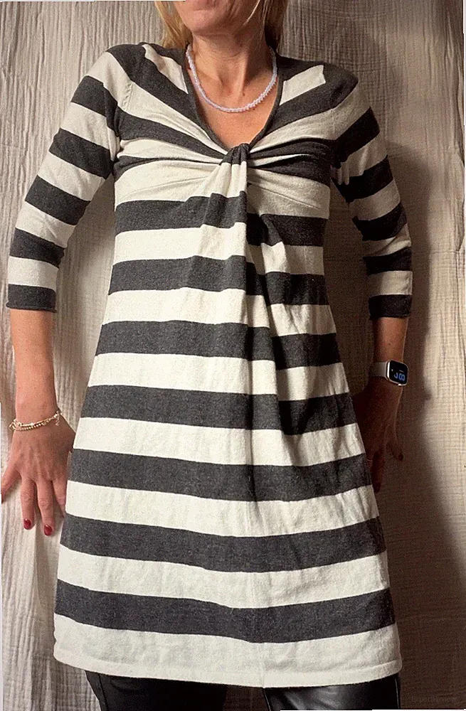 Damen Viskosewollkleid, A-Linie, Grau Creme Gestreift, Größe S 36/38