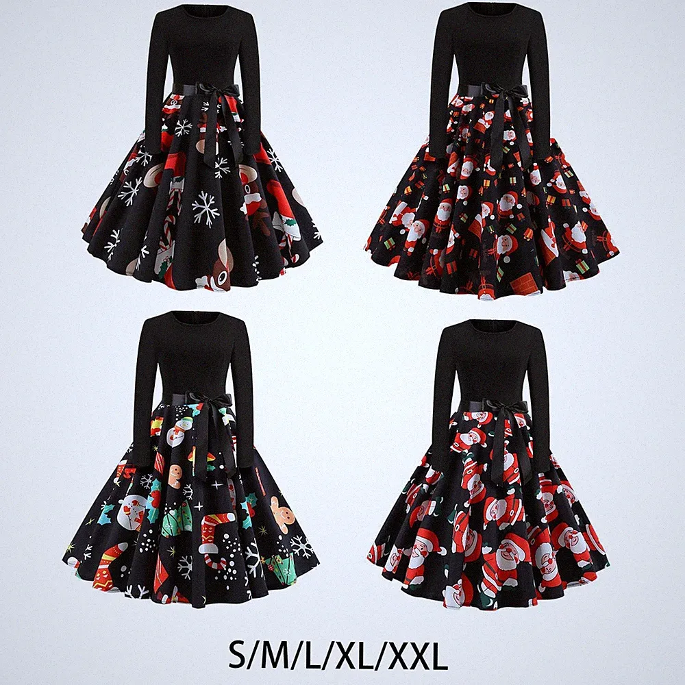Damen Weihnachtskleid Langarm Printed Swing Flared Winter Xmas A-Linien Kleid