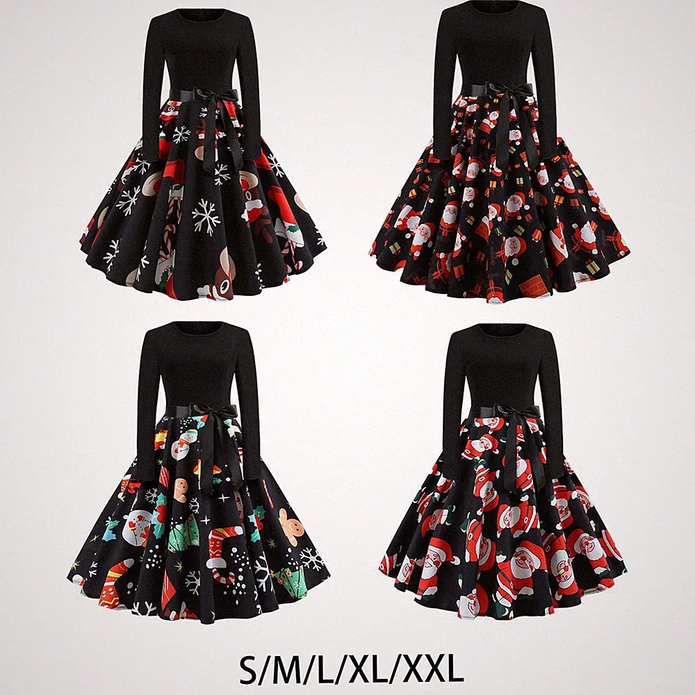 Damen Weihnachtskleid Vintage Langarm A-Linie Bedrucktes Kleid für