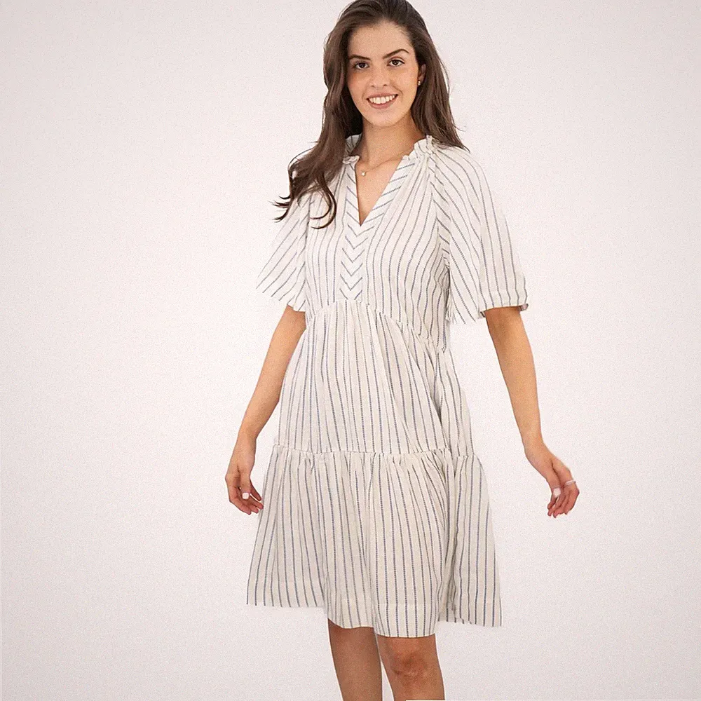 Damen Weiß Sophia Kleid Eco Vero Weiß Blau Streifen Midi V-Ausschnitt Kurzarm