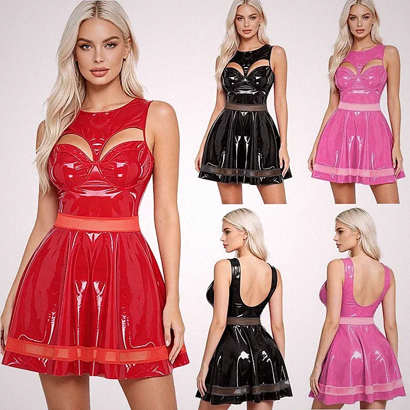 Damen Wetlook Leder Mini Kleid Babydoll Party A-Linien Kleid Clubwear Nachtkleid