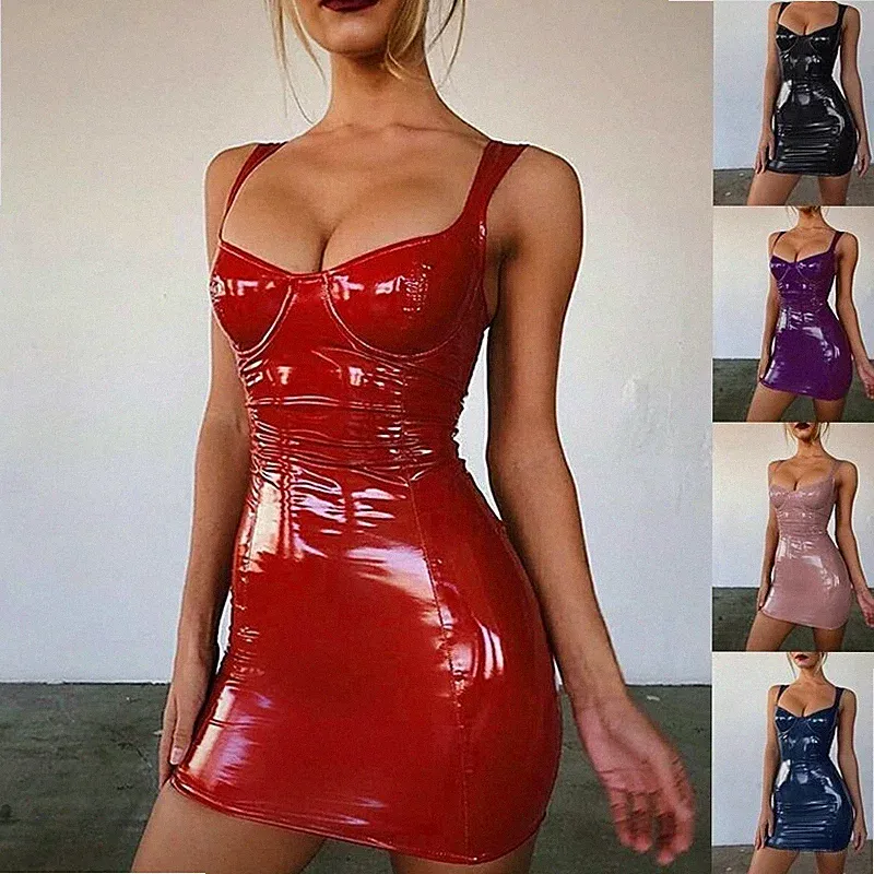 Damen Wetlook Minikleid Skater Kleid Lack Trägerkleid Sexy Glanz Partykleid