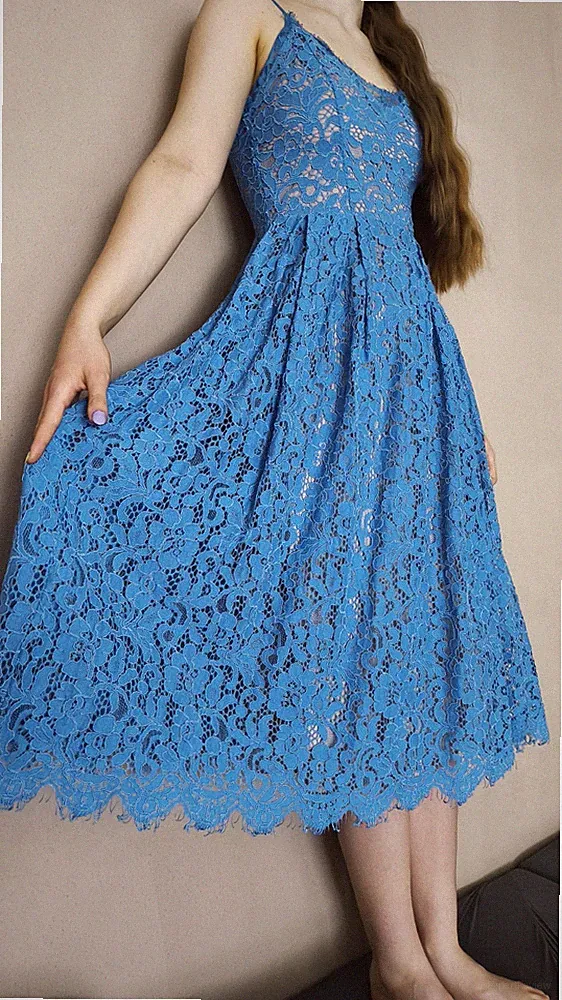 Damenkleid Blau spitze Midi M/S A Linie Hochzeit Party Boho Chic H&M A Linie