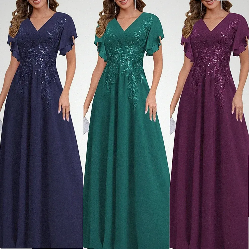 Damenkleid Chiffon Brautmutter Mit Ärmeln Pailletten Formell Hochzeitsgäste