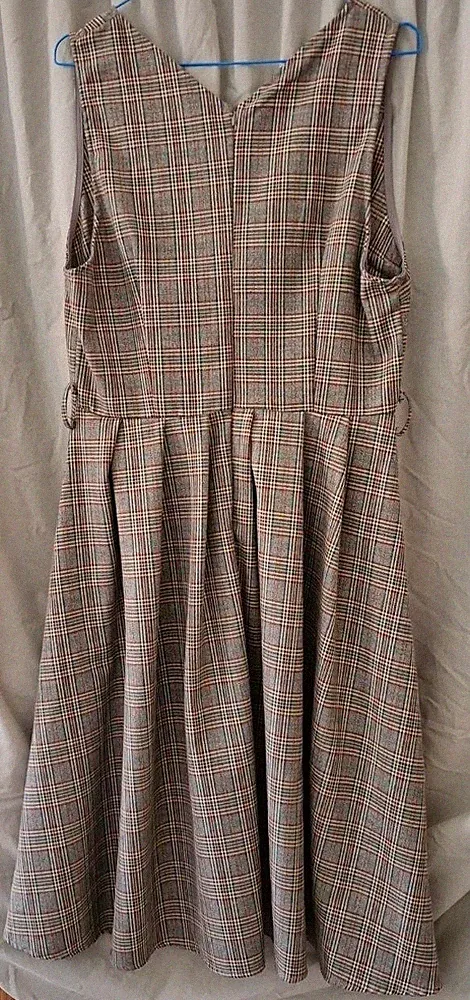 Damenkleid kariert ärmellos V-Ausschnitt Midi A-Linie Falten Gr L / Grau 1940er