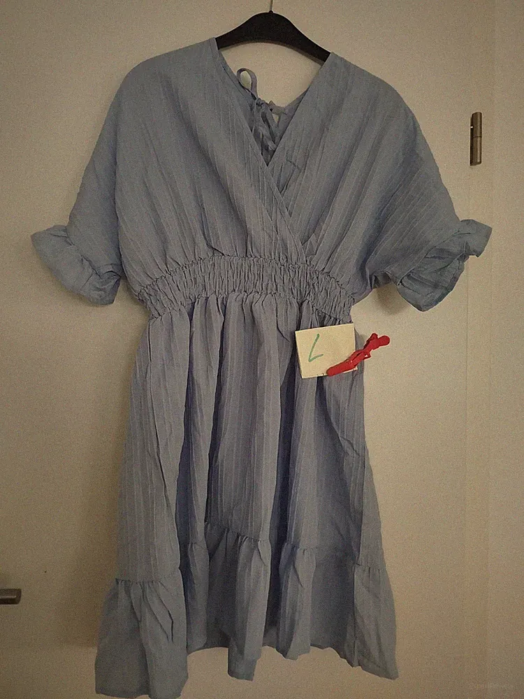 Damenkleid L blau unifarben A-Linie kurz V-Ausschnitt Kurzarm tailliert