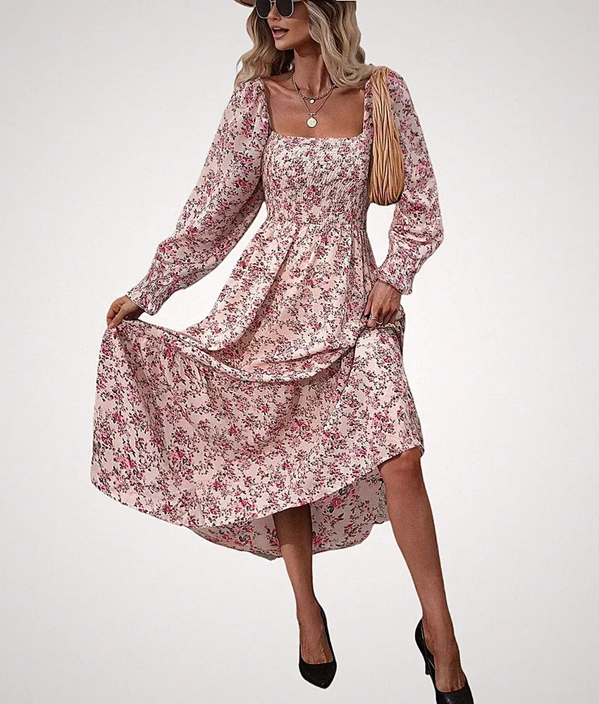 Damenkleid, Langärmelig, Eckiger Ausschnitt, Blumenmuster, Gerafft, A-Linie8600