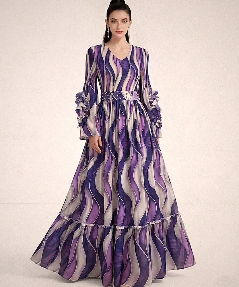 Damenkleid Lila Wellen Lang V-Ausschnitt Langärmlig Mit Volants CF63101
