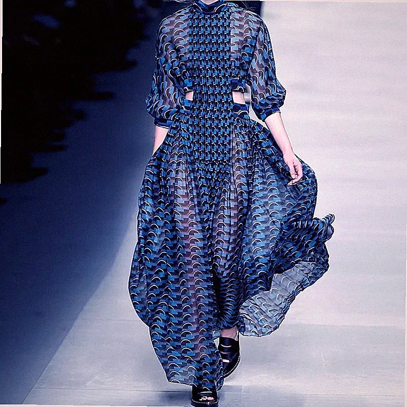Damenkleid Maxi Lang Knöchel Böhmische Boho Blau Lange Ärmel 3530