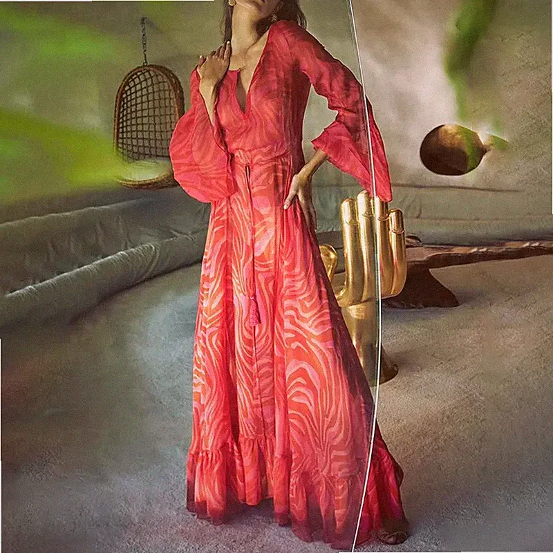 Damenkleid Maxi Lang Knöchel Böhmische Boho Rot Lange Ärmel 89895