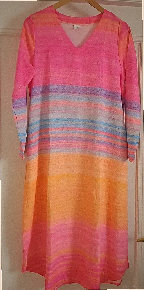 Damenkleid mehrfarbig gestreift V-Ausschnitt Langarm Midi A-Linie Gr. M