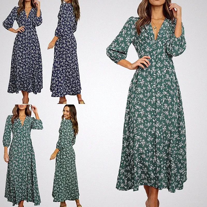 Damenkleid mit Blumenmuster Wickelkleid mit V-Ausschnitt A-Linien-Kleid Freizeit