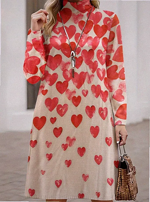 Damenkleid mit Herzmuster Frühling-Winter Kleid schickes, modernes Kleid