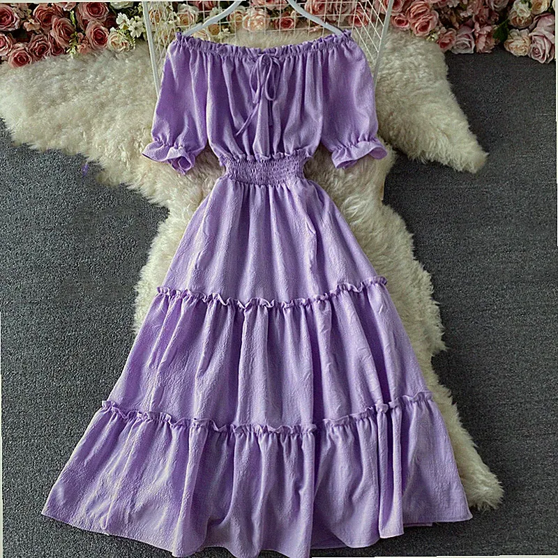 Damenkleid Schulterfrei Rüschen Kurz Puffärmel Midi A-Linie Freizeit Retro Rot