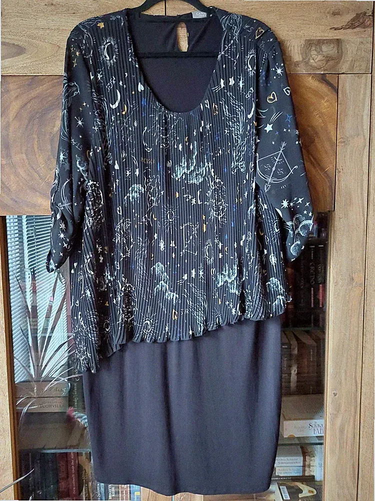 Damenkleid schwarz weiß L XL 42 44 46 doppellagig Plissée Krempelärmel