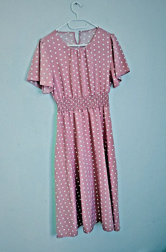 Damenkleid Shein Gr.(S/36) Rosa-Weiß,Gepunktet,Kurzarm,seidiges Gewebe,TOP♥