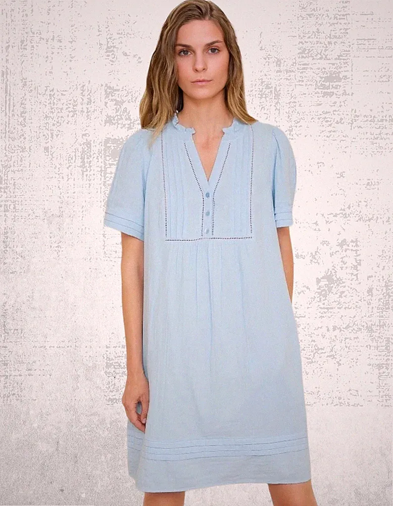 Damenkleid WYSE Baumwolle Kurzarm Otti kurz Knopfleiste himmelblau UVP 165 £