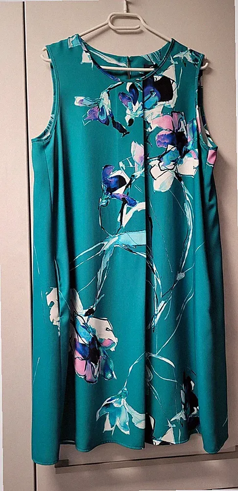 Daniel Hechter A-Linien Kleid Damen Türkis/Mehrfarbig Blumen Rundhals Gr. 40