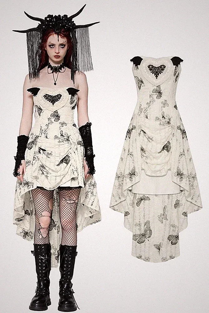 Dark In Love Beige Black Women Gothic Lace Embroidered Butterfly High-Low Dress