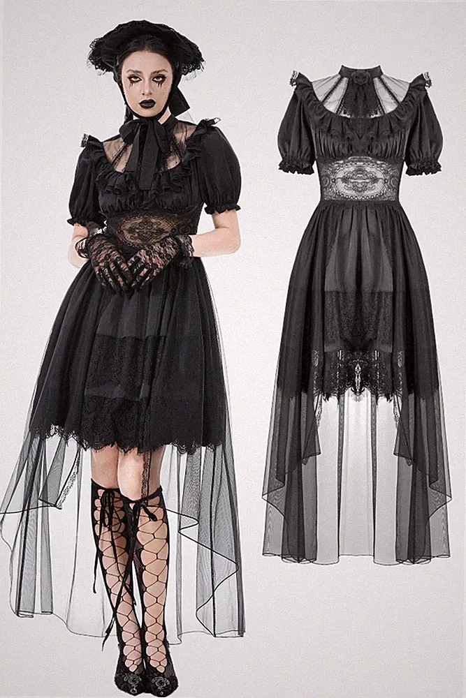 Dark In Love Black Dark Gothic Short Puff Sleeve Mesh Layered High-Low Dress