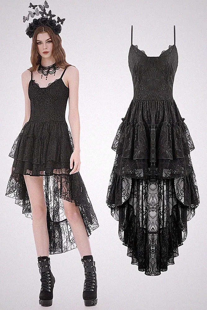 Dark In Love Black Gothic Lace Cami Dress Tiered Ruffle High-Low Hem Party Dress