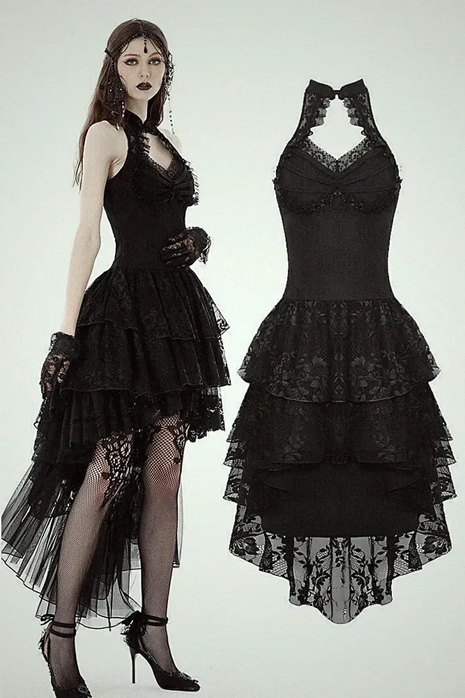 DARK IN LOVE Black Steampunk Sexy Gothic Halter High-Low Rose Lace Party Dress
