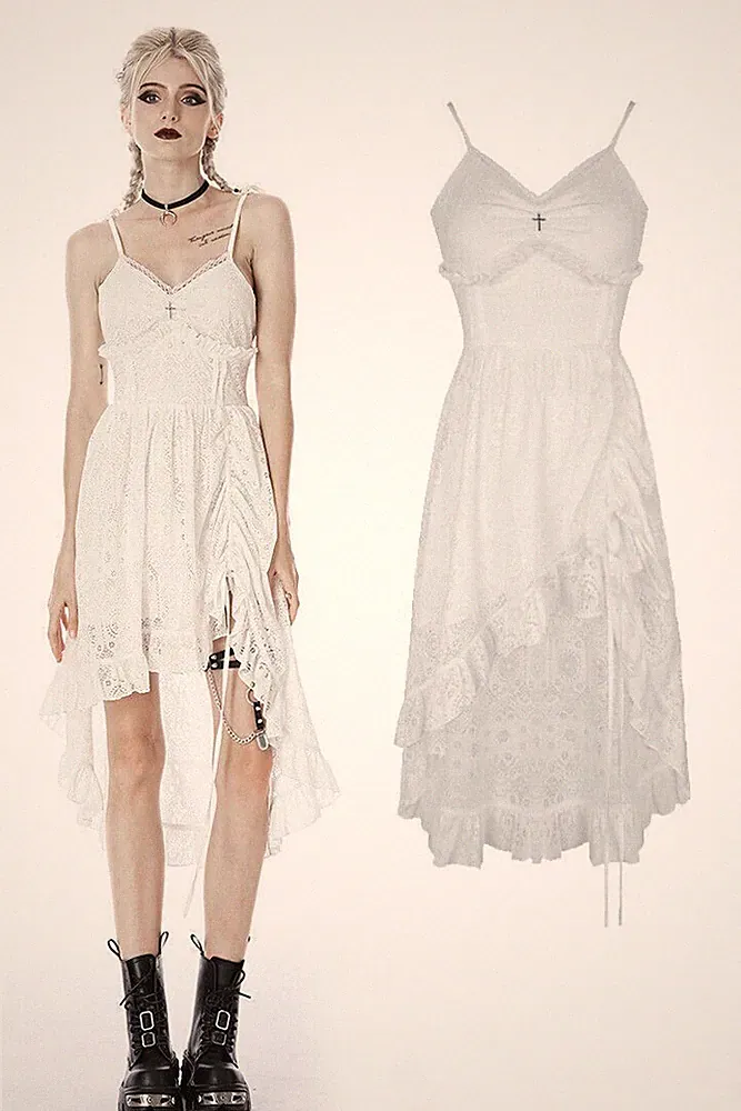 DARK IN LOVE White Gothic Steampunk High-Low Lace Maxi Daliy Party Dress Sweet