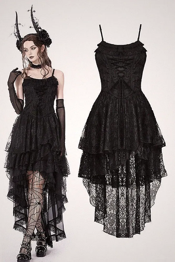 DARK IN LOVE Women Black Gothic Ghost Frilly Lace High-Low Strap Party Dress