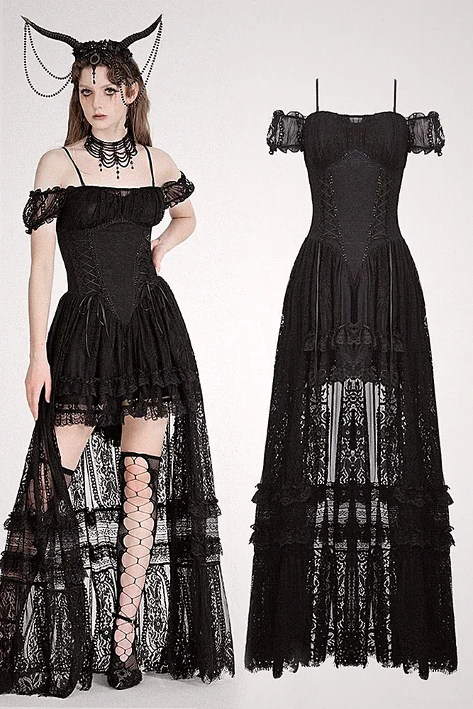 Dark In Love Women Black Gothic Noble Romantic Lace High-Low Slim Party Dress
