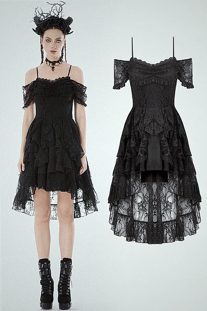 Dark In Love Women Black Gothic Punk Romantic Gothic Lace Layered High-Low Dress