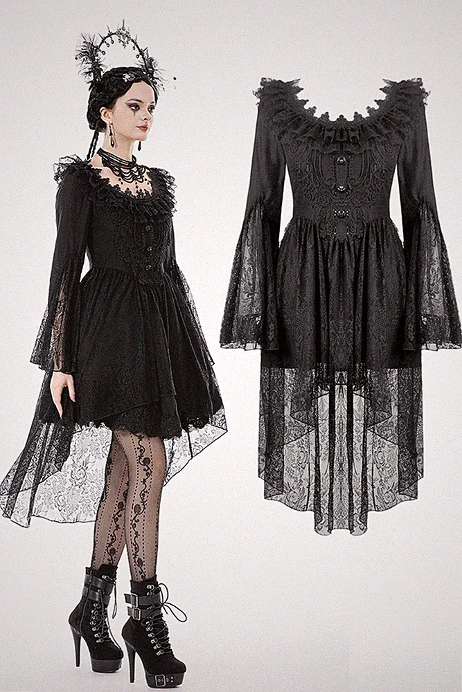 Dark In Love Women Black Gothic Punk Ruffle Lace Bell Sleeve High-Low Dress