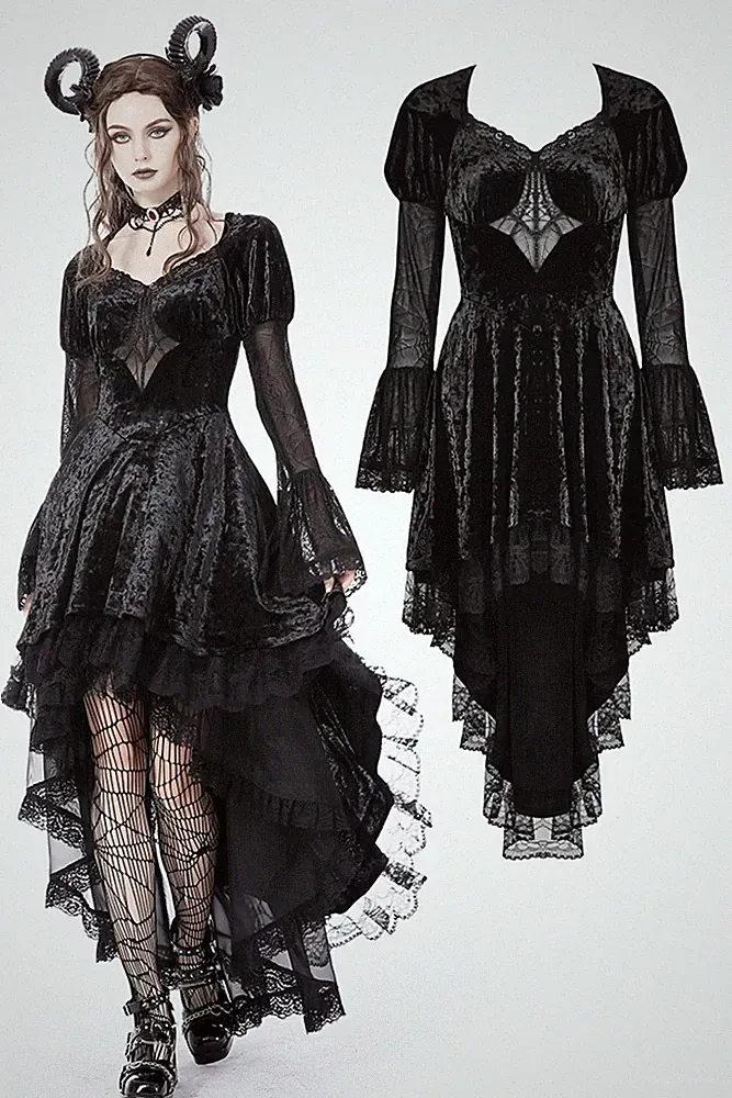 Dark In Love Women Black Gothic Punk Spider Queen High-Low Velvet Party Dress